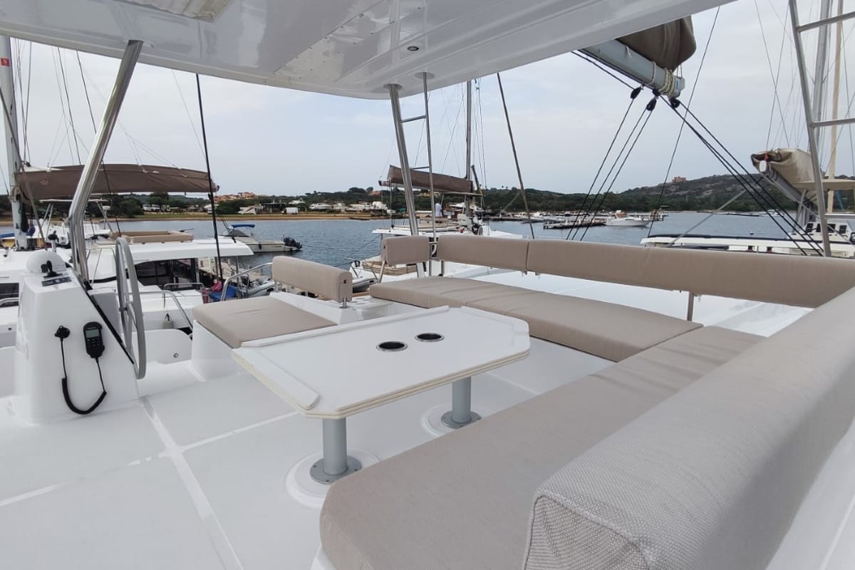 Deck of Physeter, a Bali 4.8 catamaran at Olbia, Italy