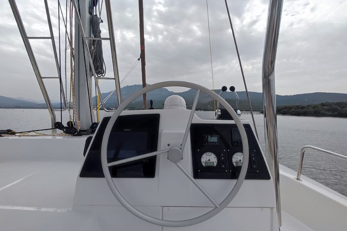 Cockpit of Physeter, a Bali 4.8 catamaran at Olbia, Italy