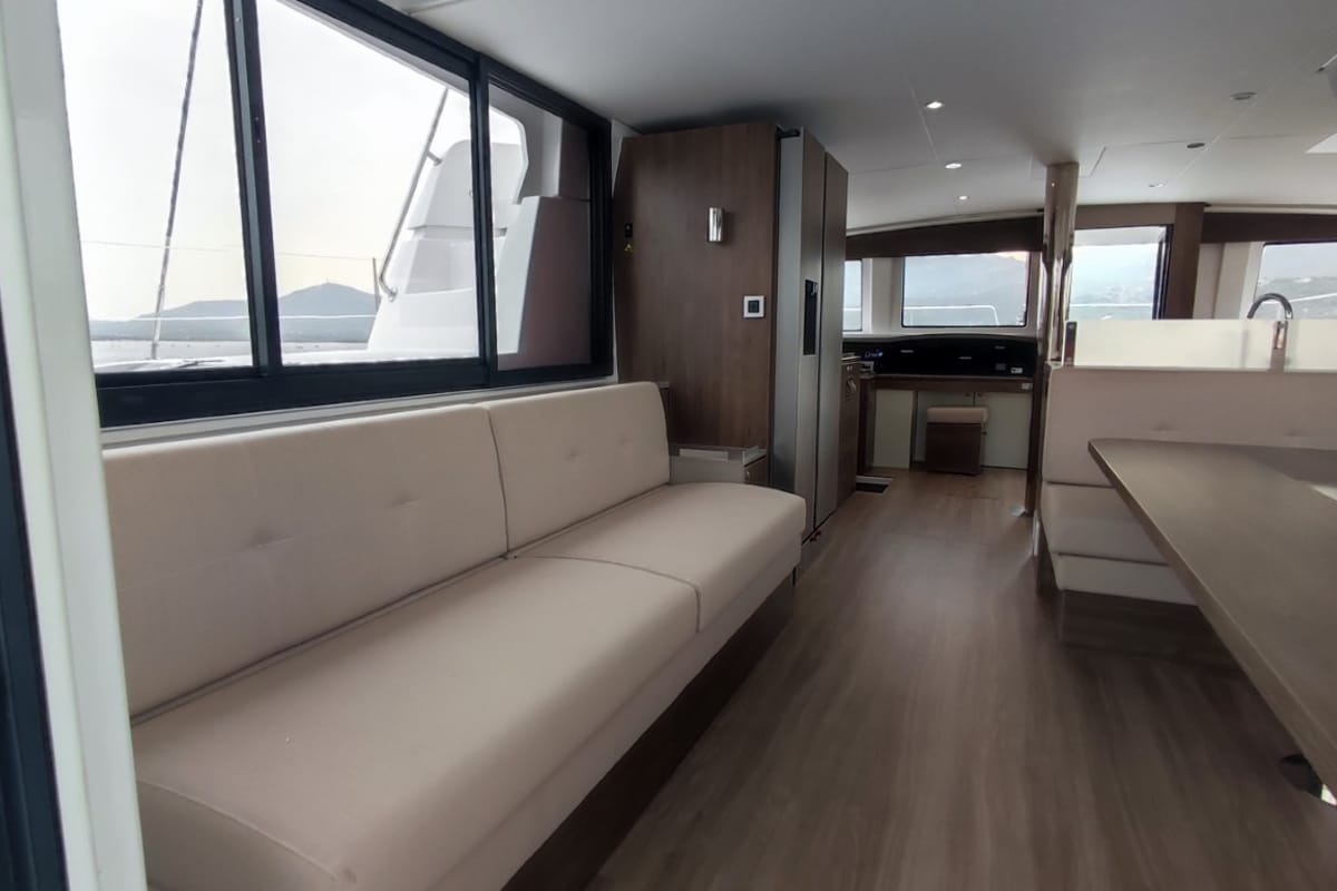 Salon of Physeter, a Bali 4.8 catamaran at Olbia, Italy