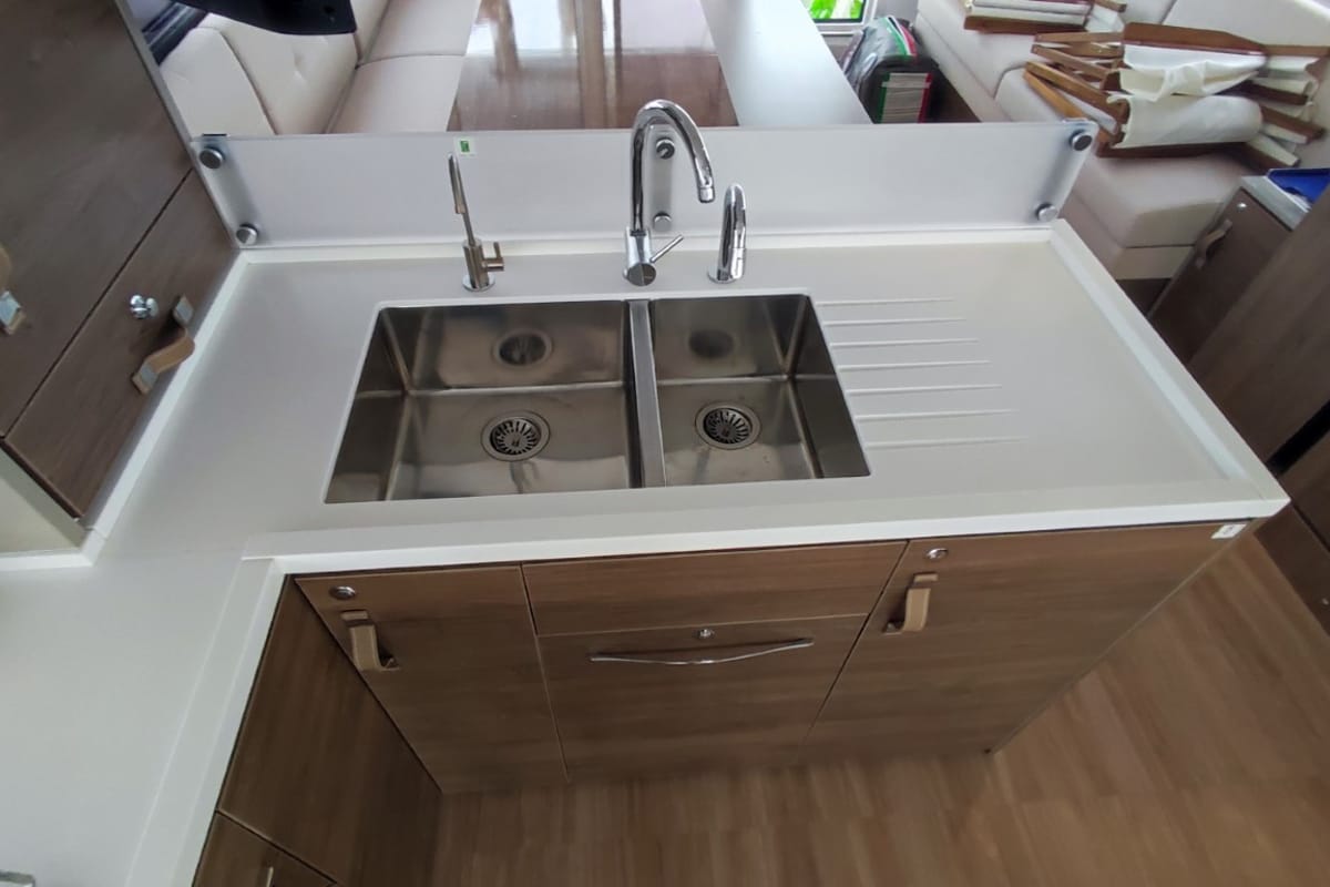 Galley of Physeter, a Bali 4.8 catamaran at Olbia, Italy