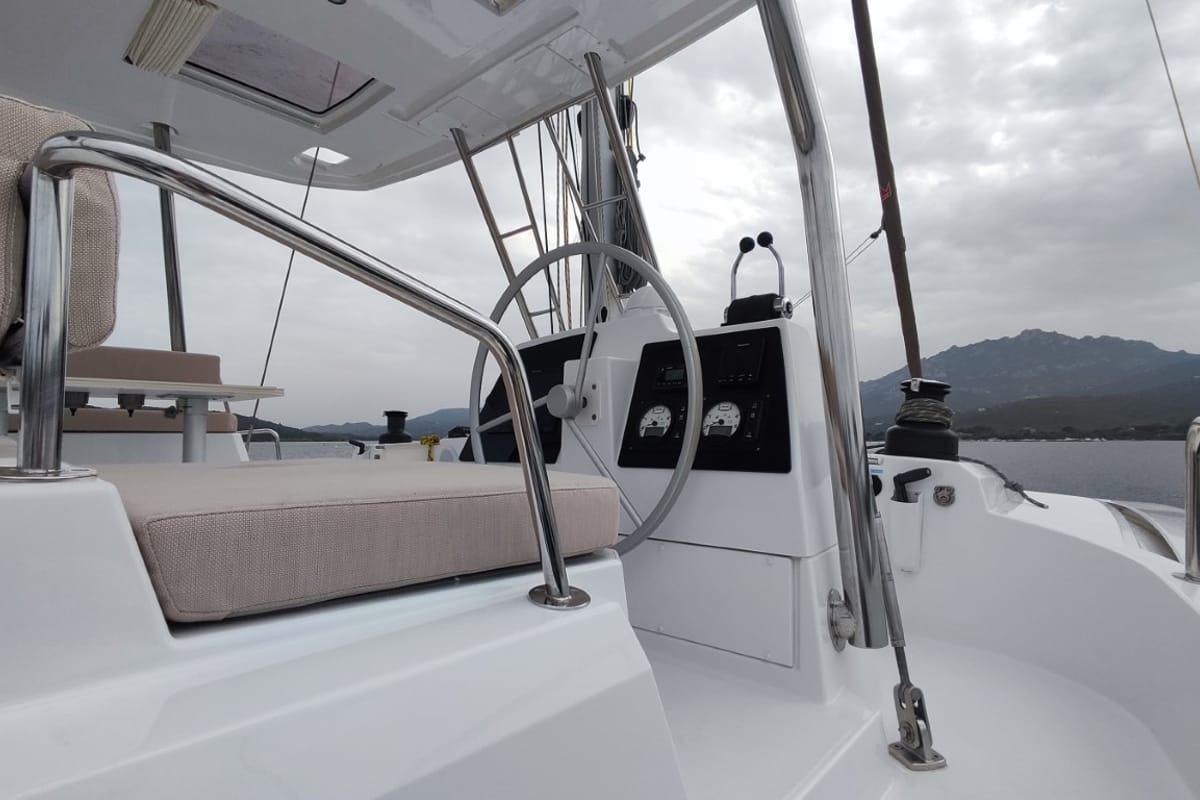 Cockpit of Physeter, a Bali 4.8 catamaran at Olbia, Italy