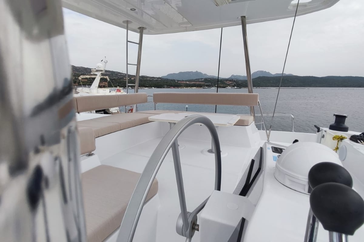 Deck of Physeter, a Bali 4.8 catamaran at Olbia, Italy