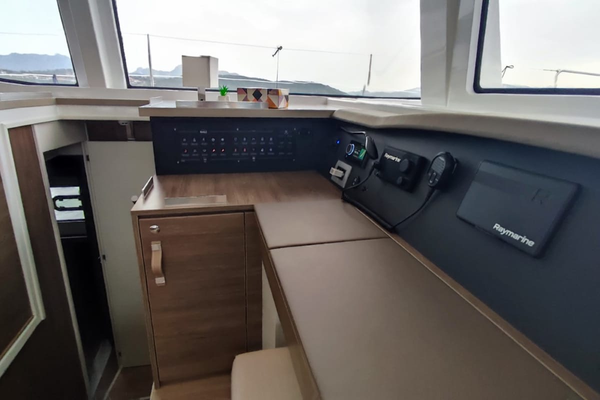 Cockpit of Physeter, a Bali 4.8 catamaran at Olbia, Italy