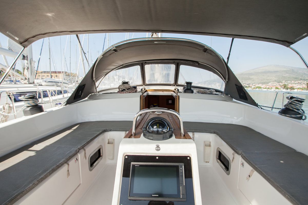 Cockpit of Game Point, a Bavaria Cruiser 51 sailboat at Dubrovnik, Croatia