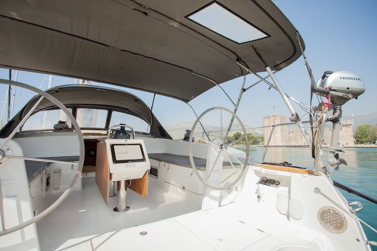 Cockpit of Game Point, a Bavaria Cruiser 51 sailboat at Dubrovnik, Croatia