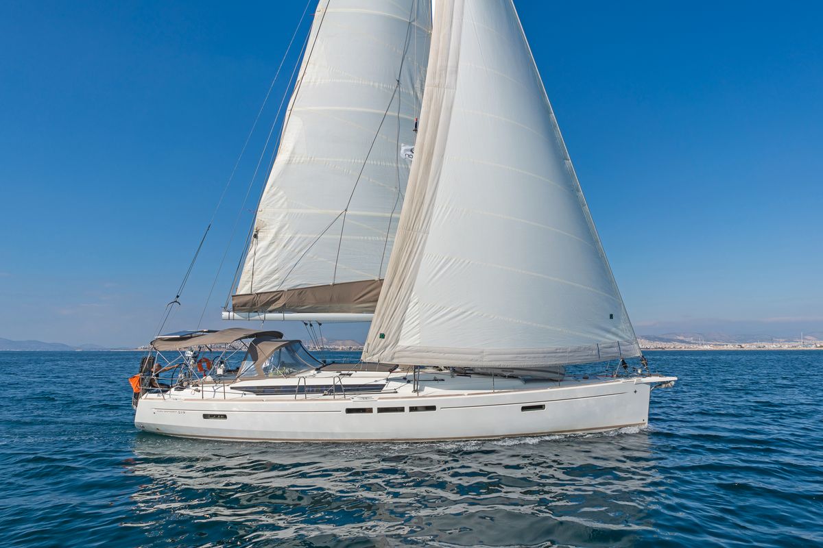 Exterior view of Eva , a Jeanneau Sun Odyssey 519 sailboat at Parikia, Greece