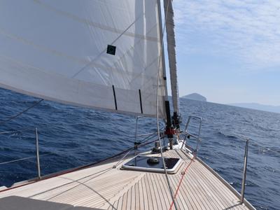 Deck of Eva , a Jeanneau Sun Odyssey 519 sailboat at Parikia, Greece