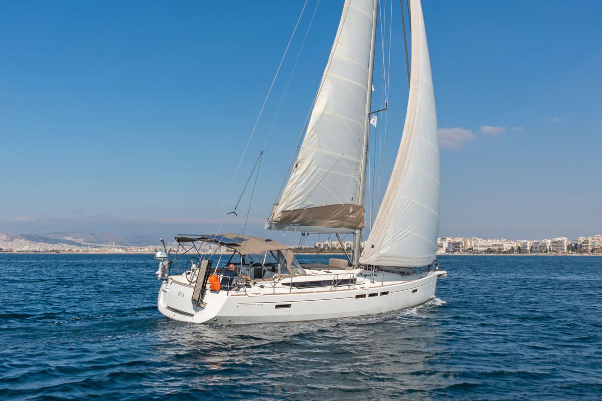 Exterior view of Eva , a Jeanneau Sun Odyssey 519 sailboat at Parikia, Greece