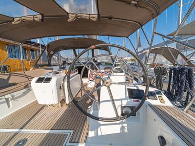 Cockpit of Eva , a Jeanneau Sun Odyssey 519 sailboat at Parikia, Greece