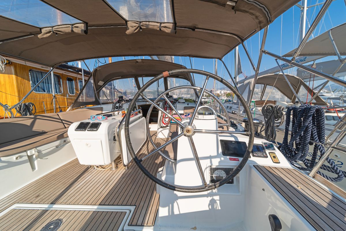 Cockpit of Eva , a Jeanneau Sun Odyssey 519 sailboat at Parikia, Greece