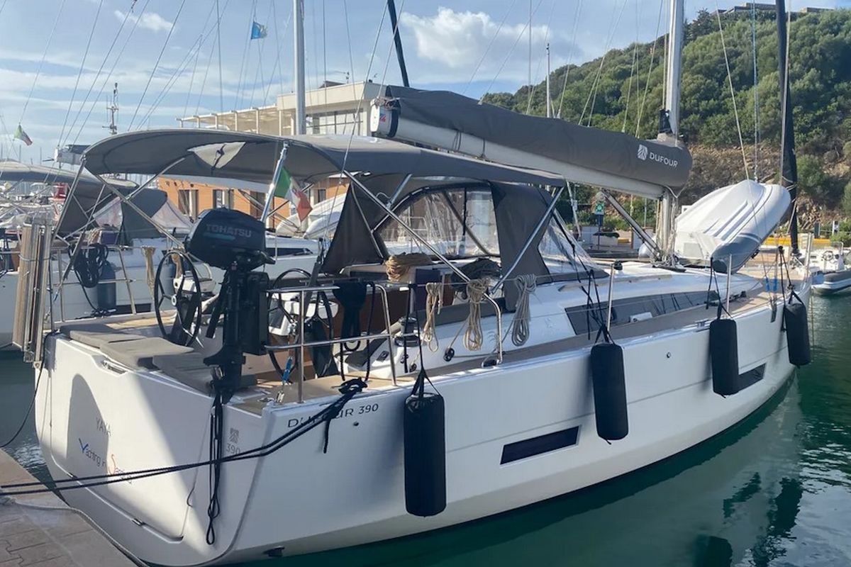 Exterior view of Yaya, a Dufour 390 sailboat at Olbia, Italy