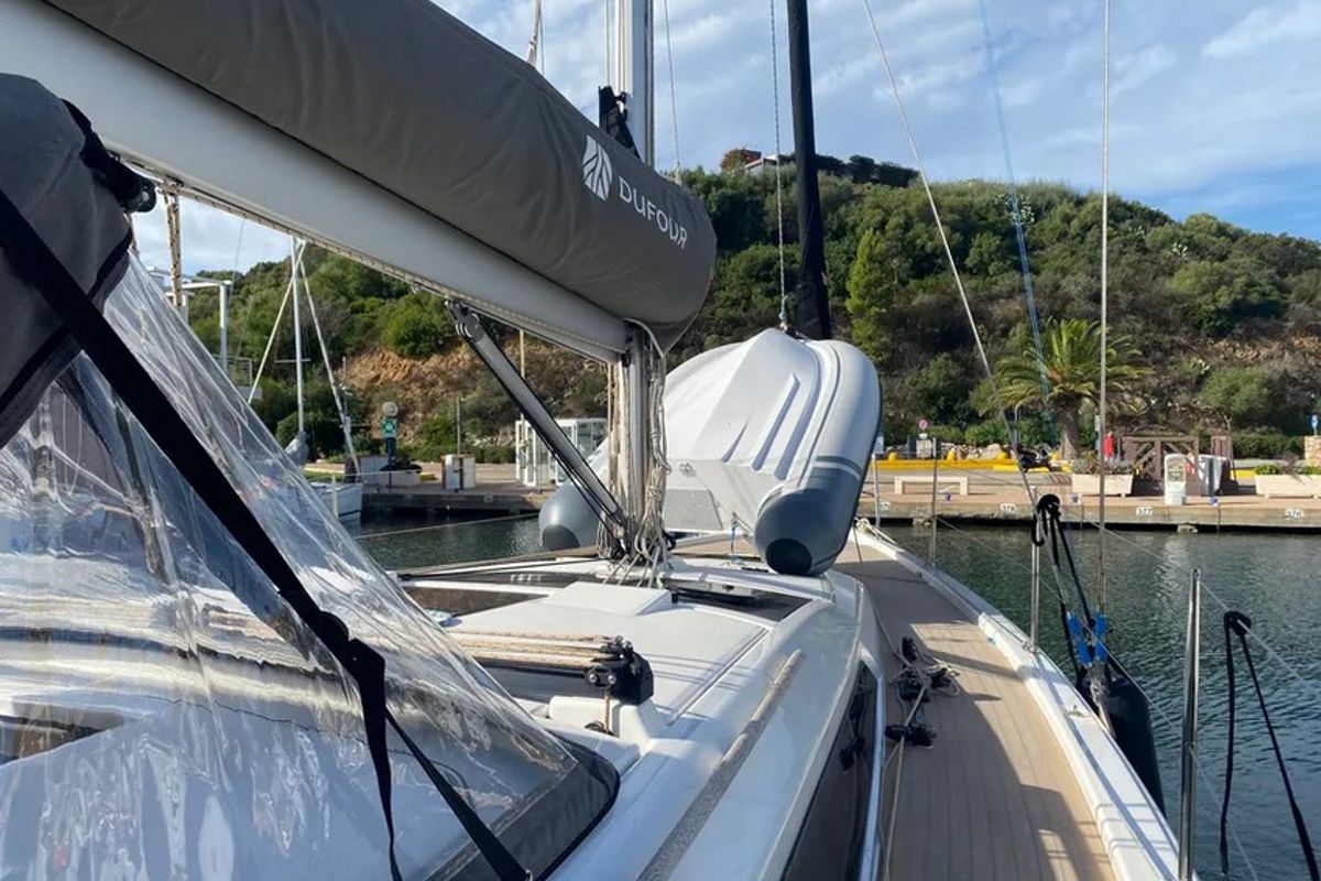 Deck of Yaya, a Dufour 390 sailboat at Olbia, Italy