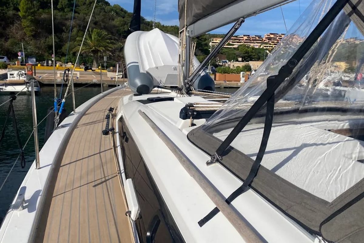 Deck of Yaya, a Dufour 390 sailboat at Olbia, Italy