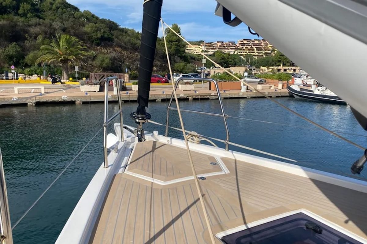Deck of Yaya, a Dufour 390 sailboat at Olbia, Italy