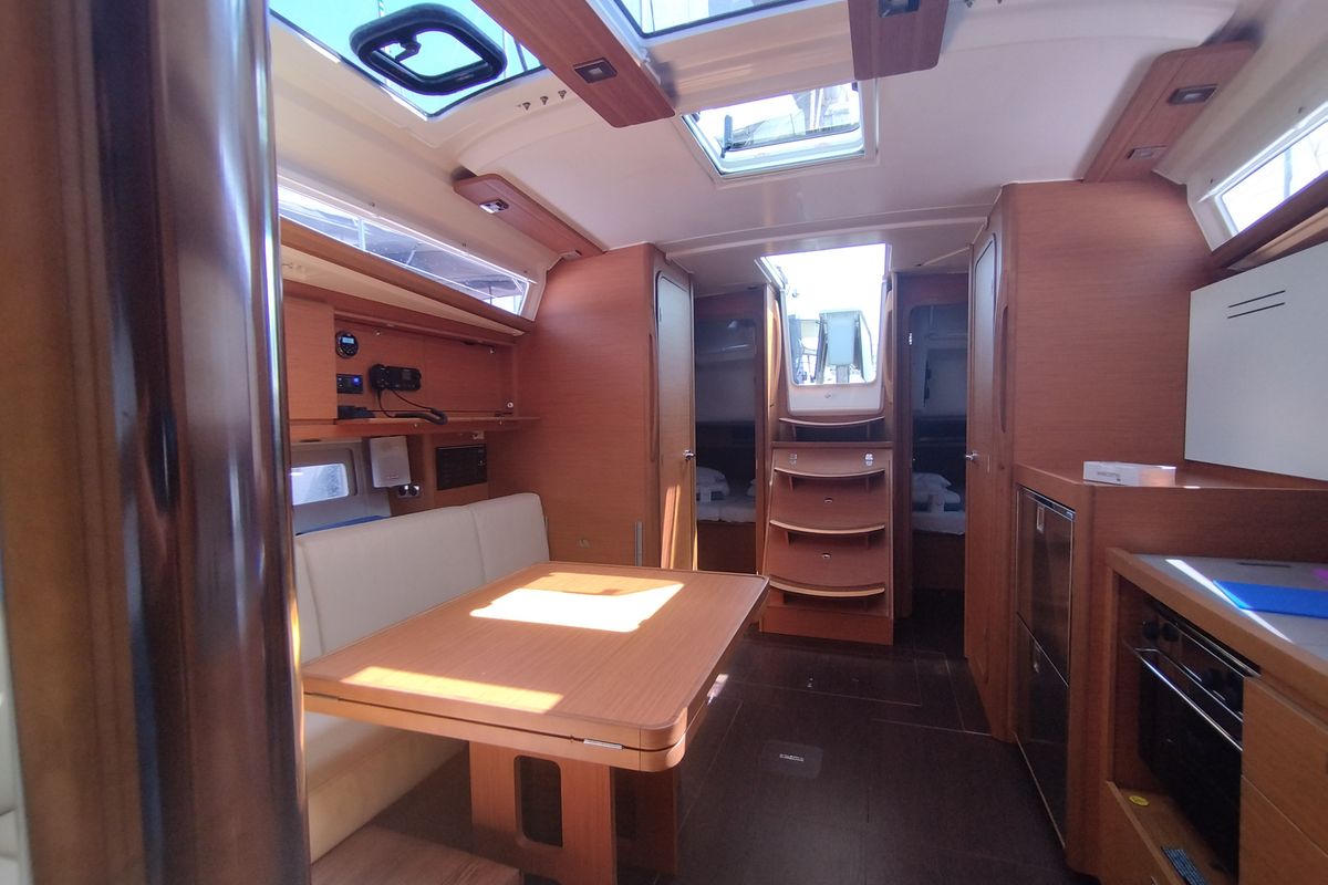 Salon of Yaya, a Dufour 390 sailboat at Olbia, Italy