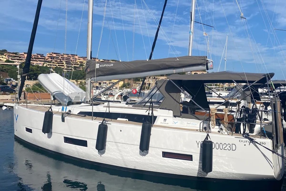 Exterior view of Yaya, a Dufour 390 sailboat at Olbia, Italy