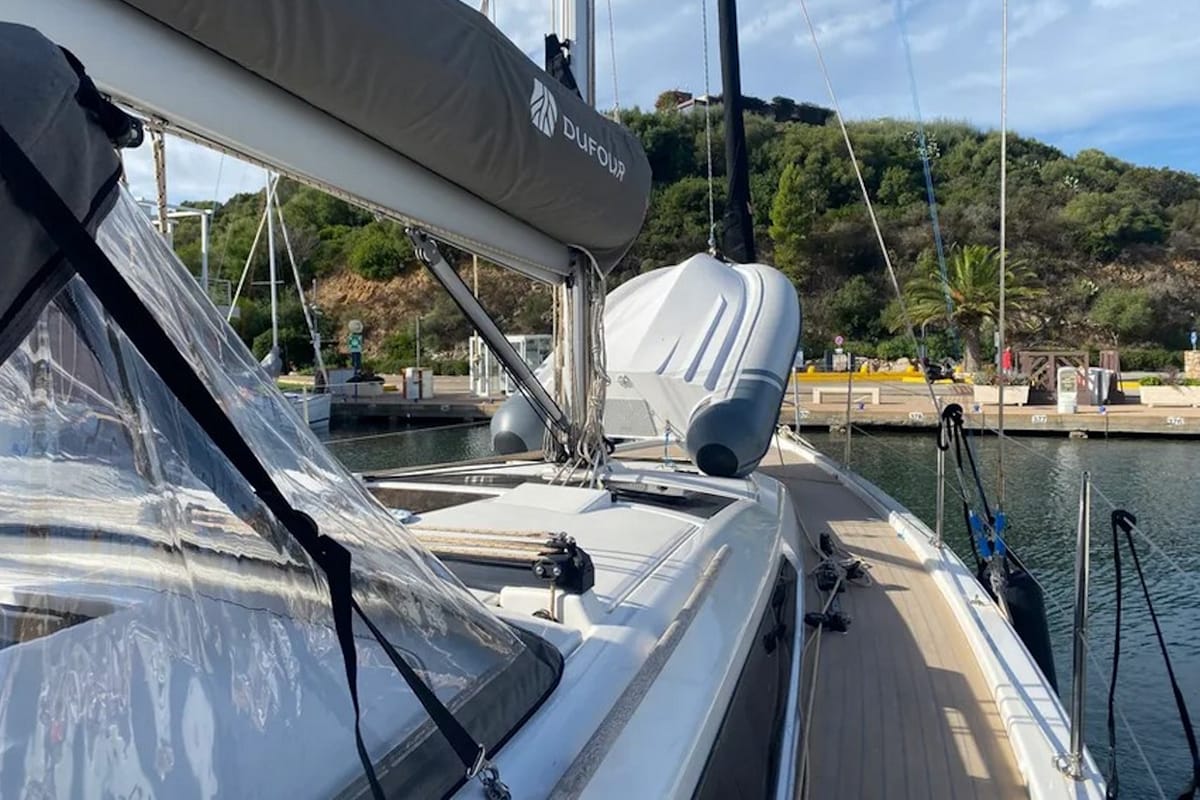 Deck of Yaya, a Dufour 390 sailboat at Olbia, Italy