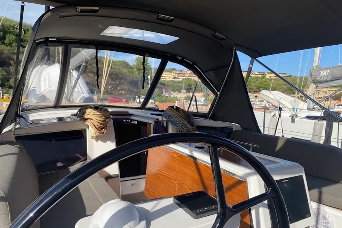 Cockpit of Yaya, a Dufour 390 sailboat at Olbia, Italy