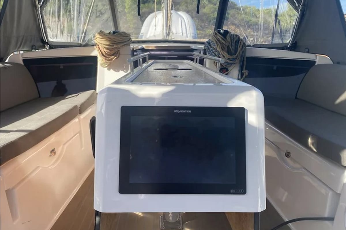 Cockpit of Yaya, a Dufour 390 sailboat at Olbia, Italy