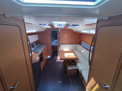 Salon of Yaya, a Dufour 390 sailboat at Olbia, Italy