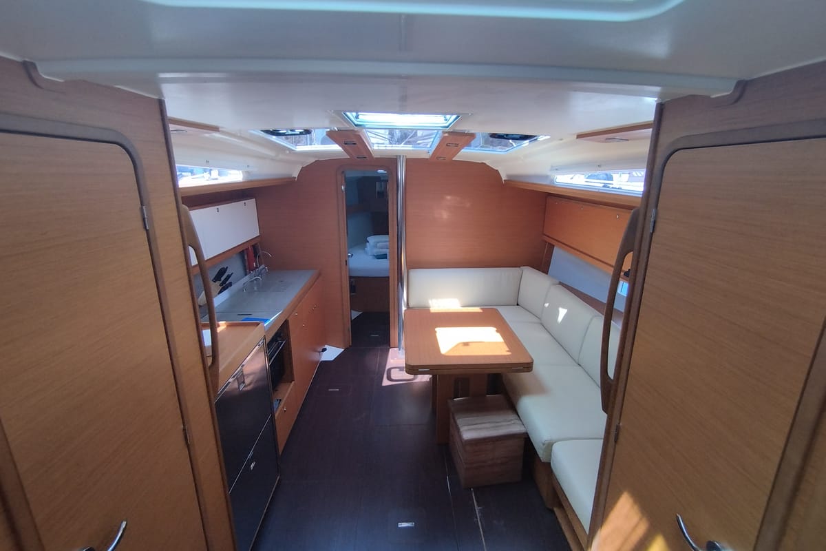 Salon of Yaya, a Dufour 390 sailboat at Olbia, Italy