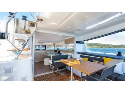 Deck of Premium, a Lagoon 43 catamaran at Papeete, France
