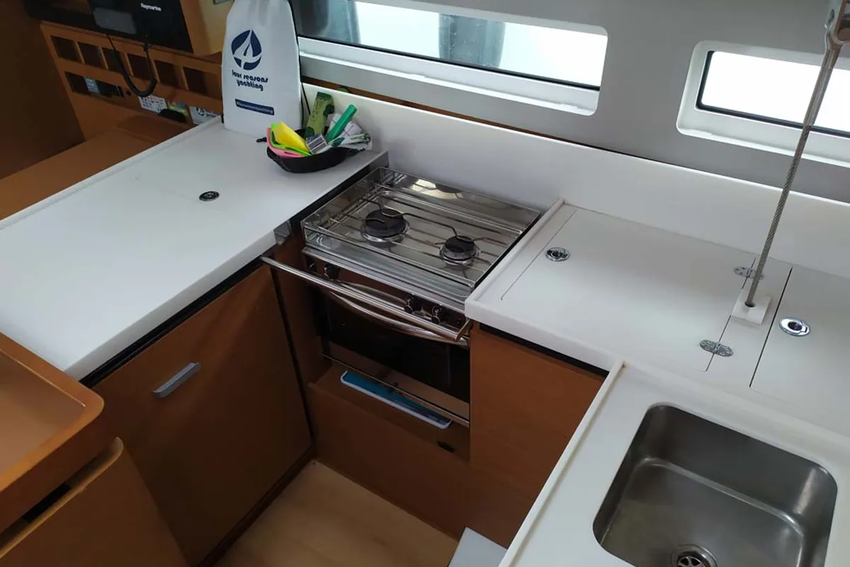 Galley of Uccelli, a Jeanneau Sun Odyssey 440 sailboat at Grad Trogir, Croatia