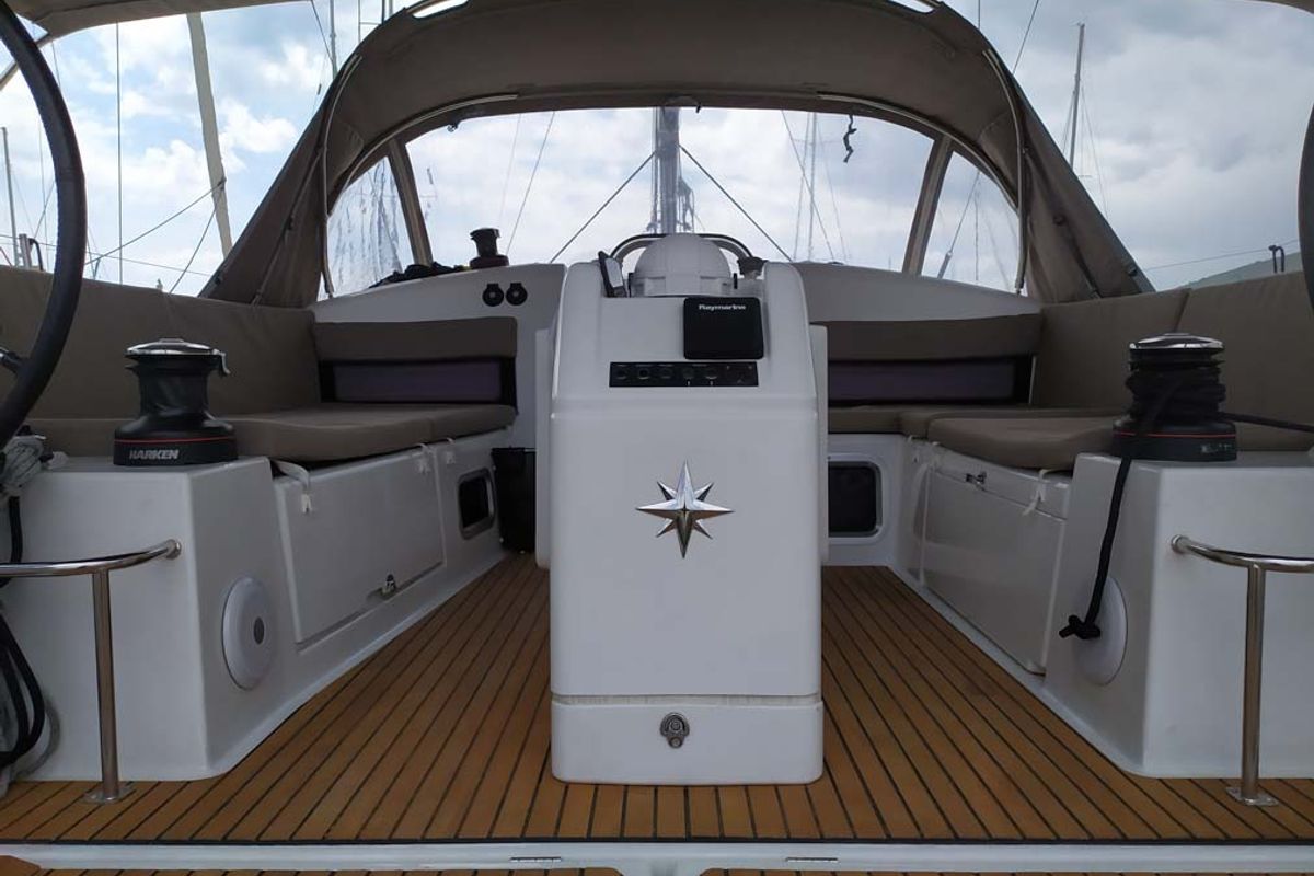 Cockpit of Uccelli, a Jeanneau Sun Odyssey 440 sailboat at Grad Trogir, Croatia