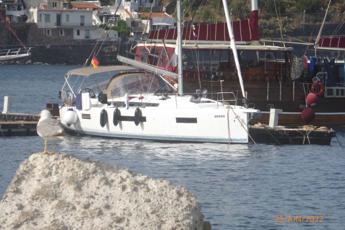 Exterior view of Uccelli, a Jeanneau Sun Odyssey 440 sailboat at Grad Trogir, Croatia