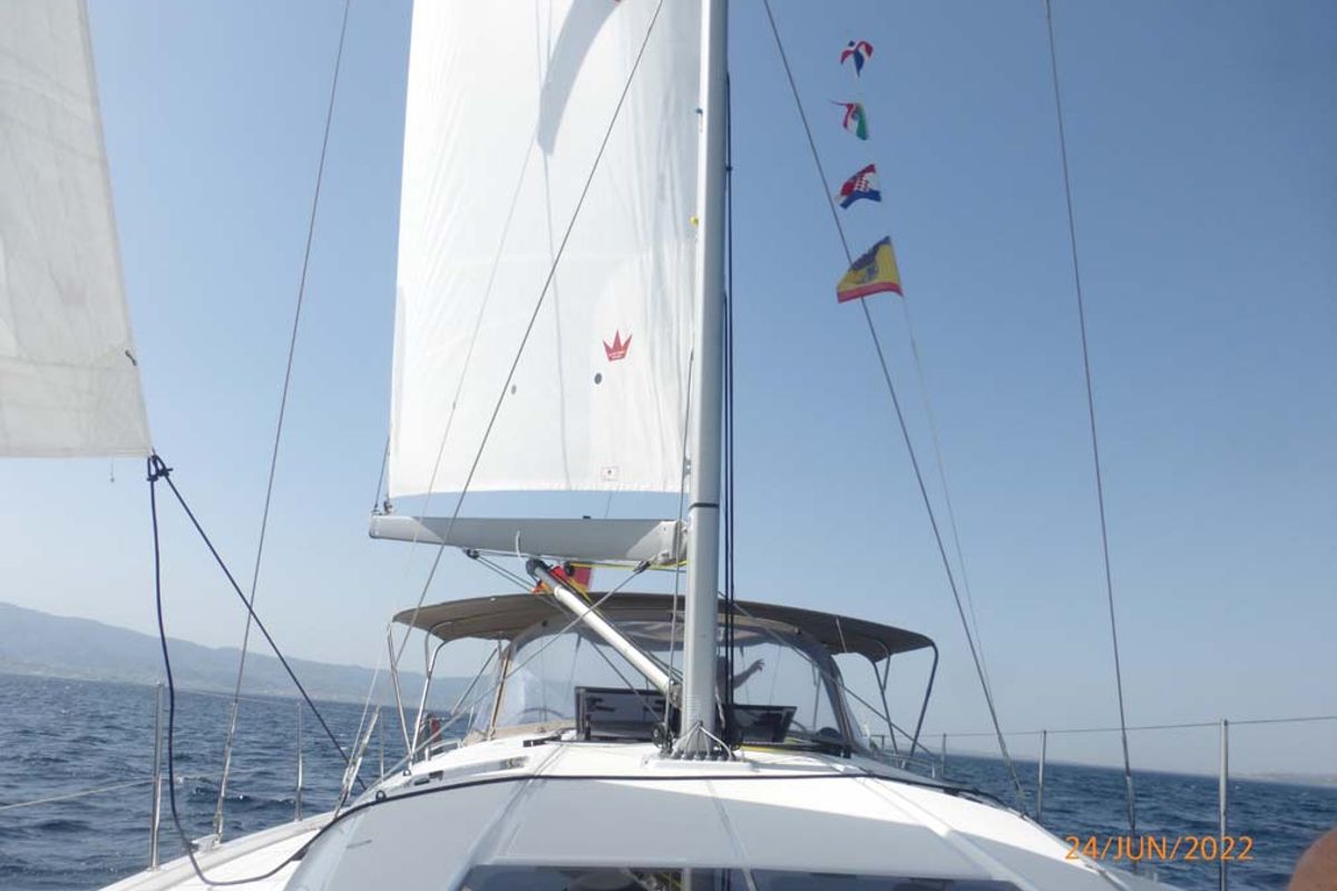 Exterior view of Uccelli, a Jeanneau Sun Odyssey 440 sailboat at Grad Trogir, Croatia