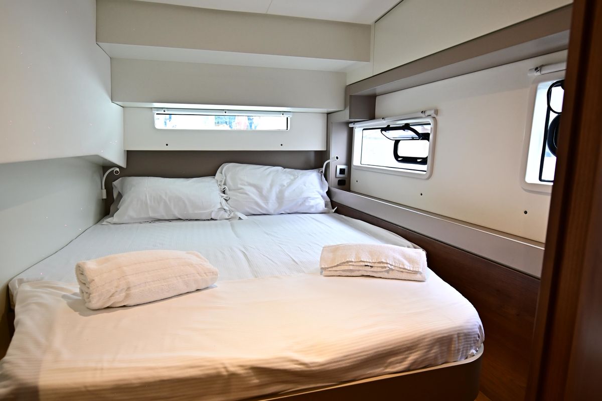 Cabin on Res23, a Bali 4.2 catamaran at Olbia, Italy