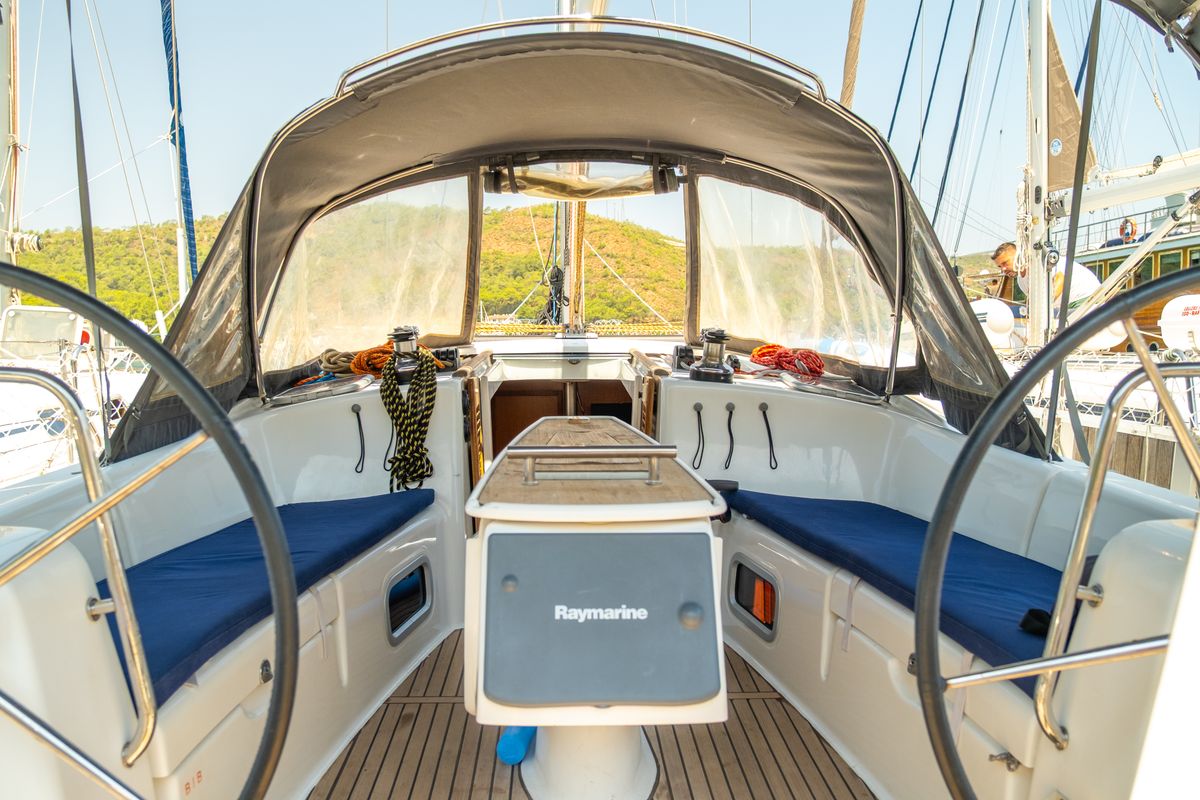 Cockpit of Premium, a Beneteau Oceanis 40 sailboat at Fethiye, Turkey