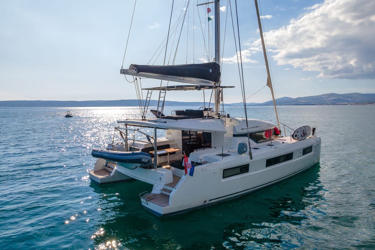 Exterior view of Katka, a Lagoon 50 catamaran at Grad Kaštela, Croatia