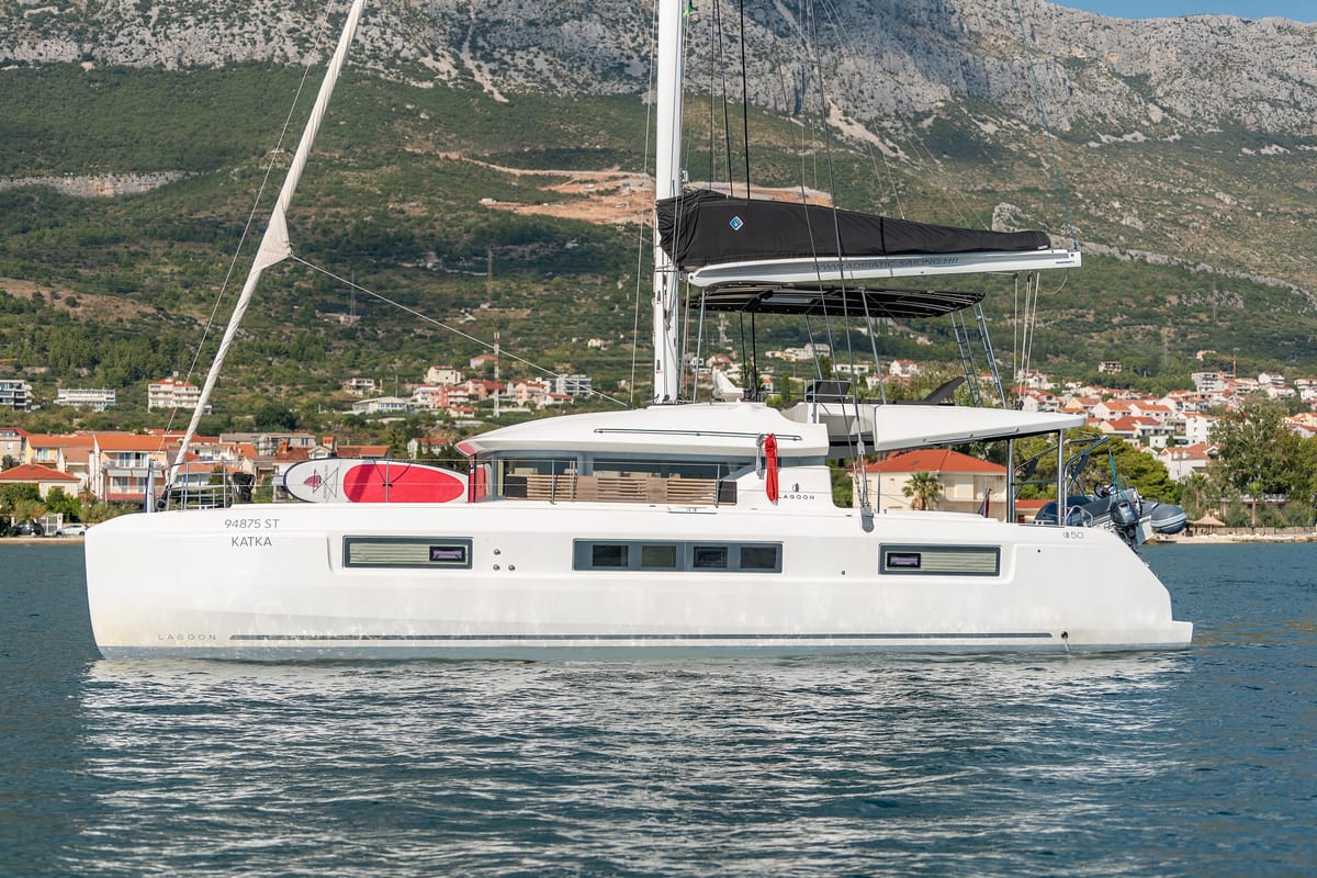 Exterior view of Katka, a Lagoon 50 catamaran at Grad Kaštela, Croatia