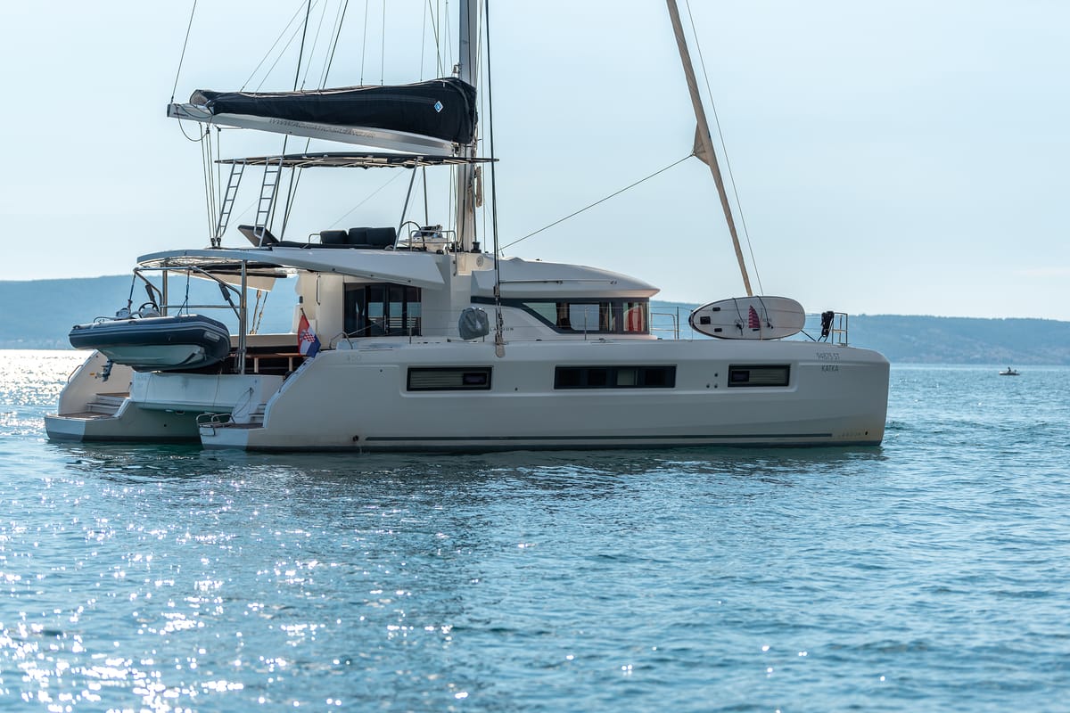 Exterior view of Katka, a Lagoon 50 catamaran at Grad Kaštela, Croatia