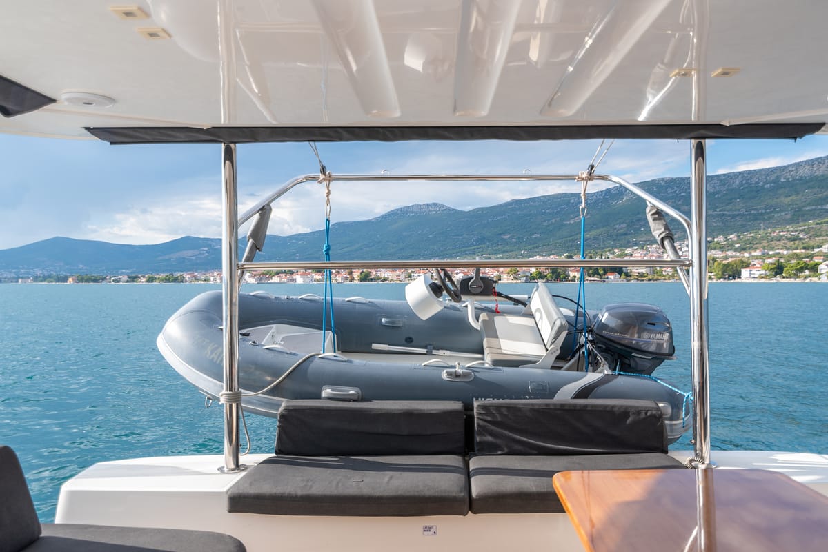 Deck of Katka, a Lagoon 50 catamaran at Grad Kaštela, Croatia