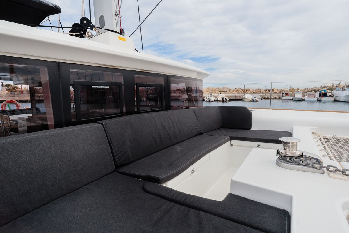 Deck of Didyme - Standard line, a Lagoon 450 catamaran at Olbia, Italy