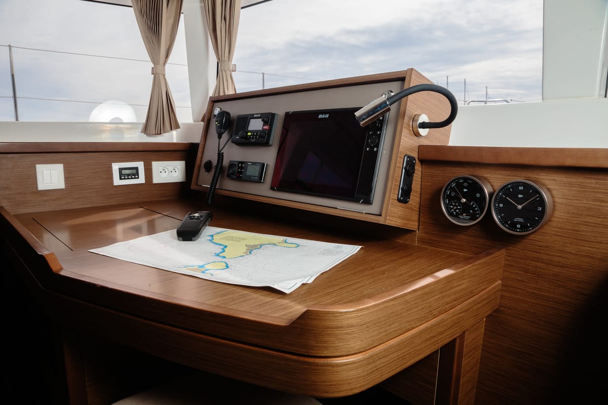 Cockpit of Didyme - Standard line, a Lagoon 450 catamaran at Olbia, Italy