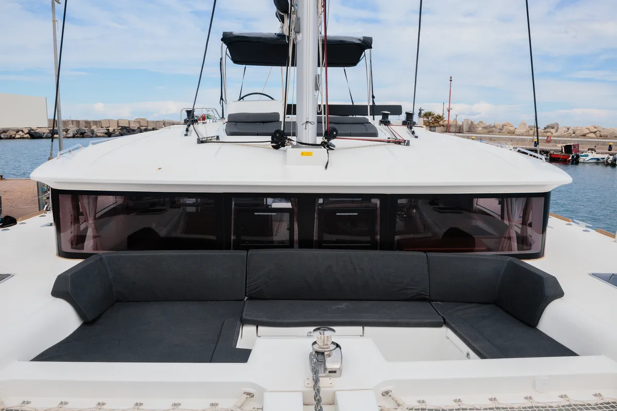Deck of Didyme - Standard line, a Lagoon 450 catamaran at Olbia, Italy