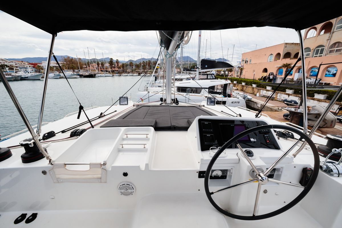 Cockpit of Didyme - Standard line, a Lagoon 450 catamaran at Olbia, Italy
