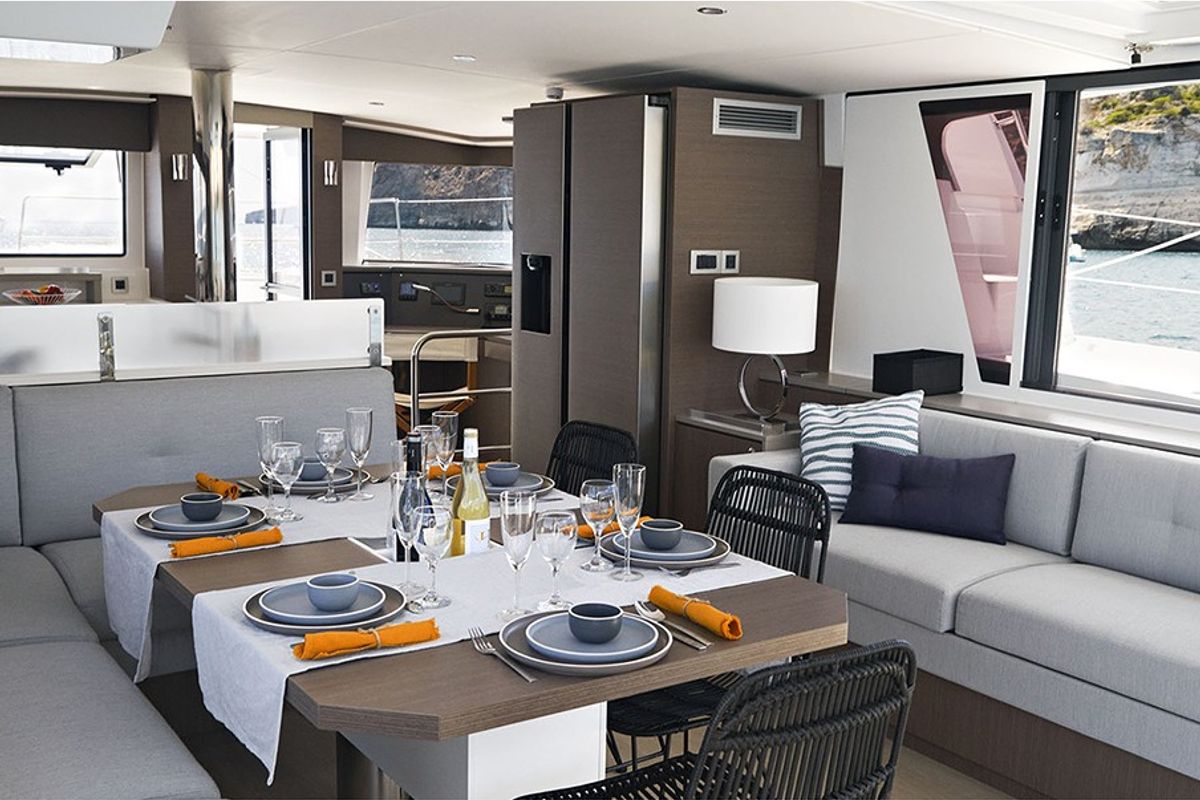 Salon of Rhapsody in Blue, a Bali 4.6 catamaran at Marmaris, Turkey