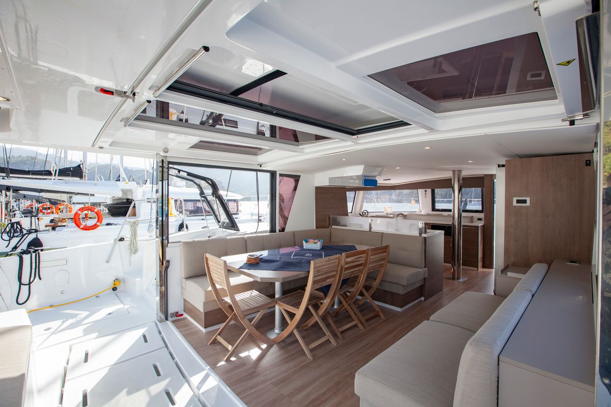 Deck of Rhapsody in Blue, a Bali 4.6 catamaran at Marmaris, Turkey