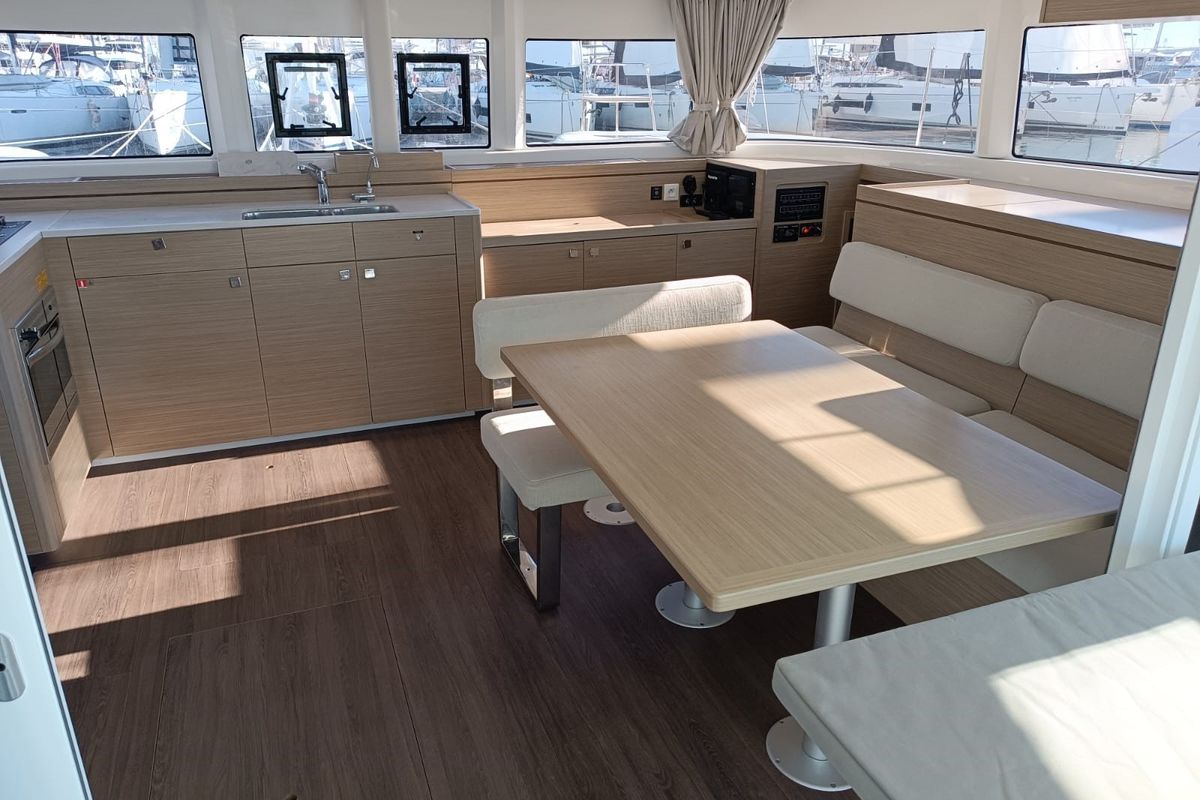 Salon of HASHTAG, a Lagoon 43 catamaran at Athens, Greece