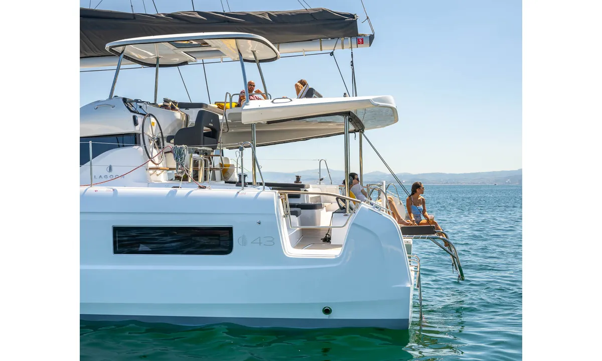 Exterior view of HASHTAG, a Lagoon 43 catamaran at Athens, Greece
