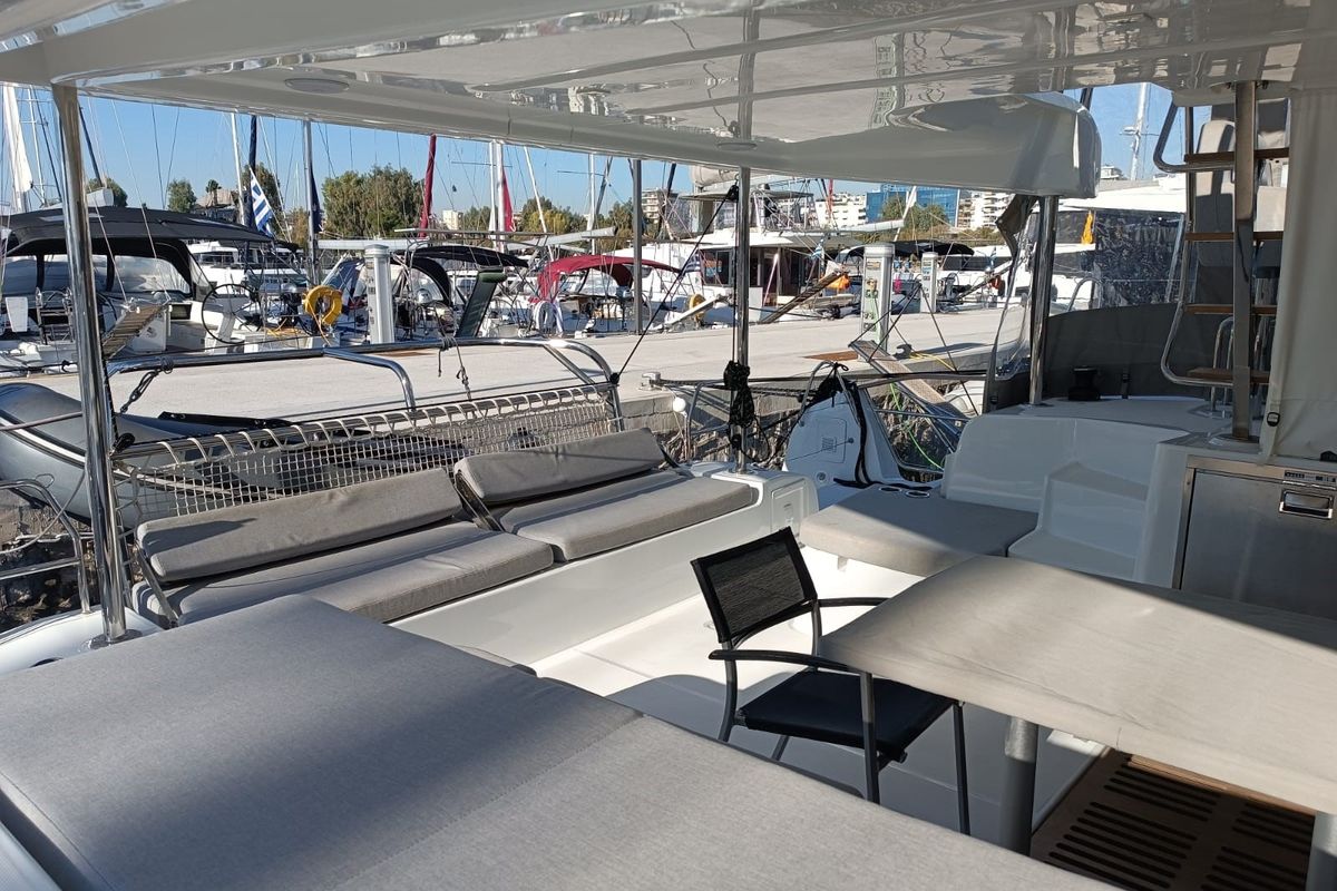 Deck of HASHTAG, a Lagoon 43 catamaran at Athens, Greece