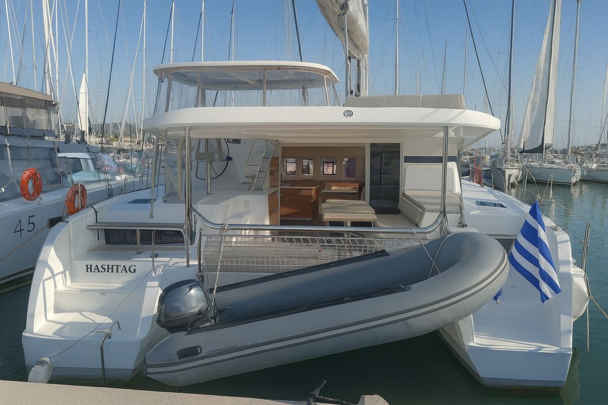 Exterior view of HASHTAG, a Lagoon 43 catamaran at Athens, Greece