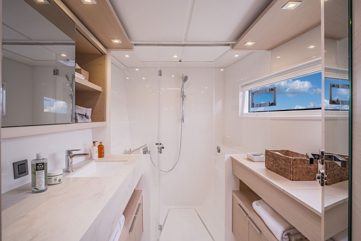 Head on Thirteen, a Lagoon 46 catamaran at Olbia, Italy