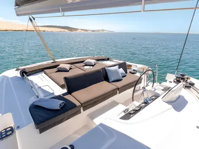 Cockpit of Thirteen, a Lagoon 46 catamaran at Olbia, Italy