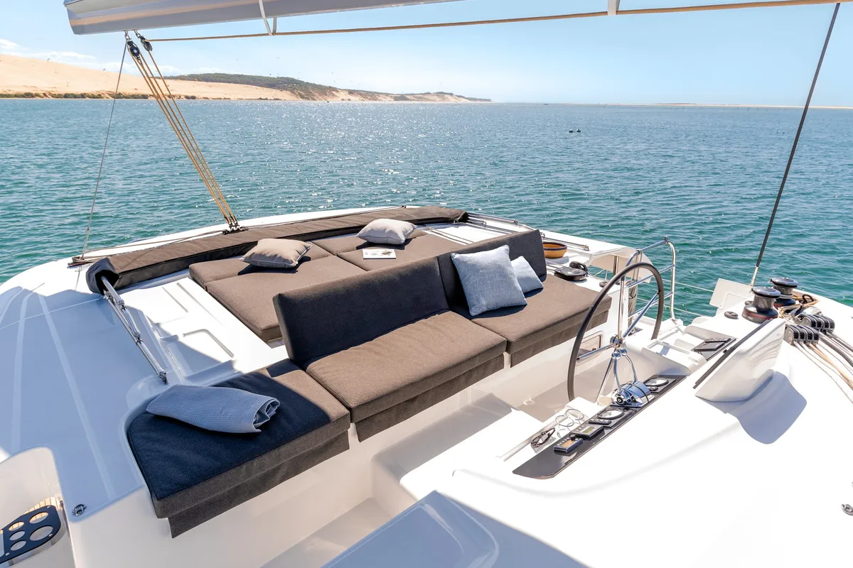 Cockpit of Thirteen, a Lagoon 46 catamaran at Olbia, Italy