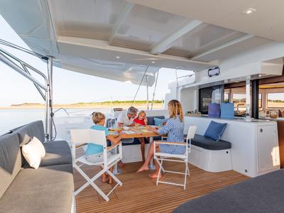 Deck of Thirteen, a Lagoon 46 catamaran at Olbia, Italy